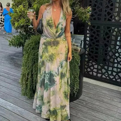 Tie-dye Halter Fit Elegant Midi Dress
