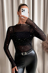Rhinestone Sheer Mock Neck Top