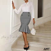 Elegant Houndstooth Printed Knee Length Fashion High Waist Slim Skirt