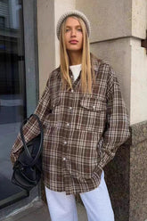 Vintage American Plaid Double-Pocket Mid-Length Blouse