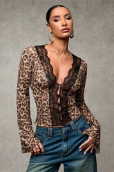 Leopard Print Lace-Paneled Sexy Blouse