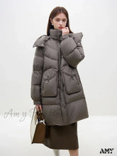 Filling Capacity Light Tea Brown Long Mid-Length Hooded Lightweight Coat