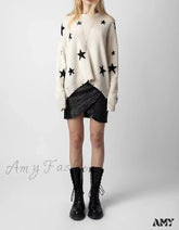 Knit Star Pattern Ripped Loose Round Neck Long Sleeve Casual Sweater