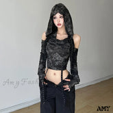 Patchwork Retro Trendy Cool Personalized High Street Youth Sexy Hooded Crop Top