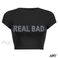 Punk Vintage Real Bad Letters Black Gothic Harajuku Short Sleeve Crop Top Black / S