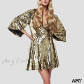 Sequin V Neck Gold Party Evening Long Ball Sexy Gown Women Prom Bridesmaid Elegant High Waist Dress
