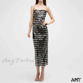 Sexy Suspender Slim Sequin Sleeveless Sling Cocktail Evening Gown Chic Lady Elegant Sequins