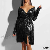 Sexy Vintage Elegant Black Maxi Sequined Summer Tassel Short-Sleeve Cocktail Party Vestidos Dress /