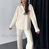 Simple Zipper Knitted High Neck Pajama Suit