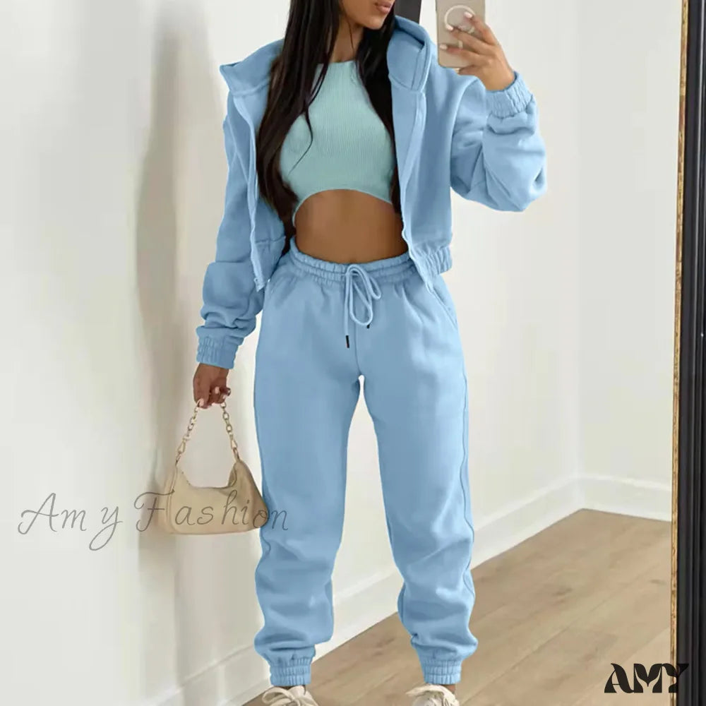 Solid Long-Sleeve Sporty Fall Winter Trouser Sets Hoodies Sky Blue / S