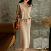Stylish Knit Two-Piece Early Fall Skirt Suit Khaki / S