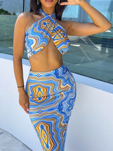 Printed Halter Halter Lace Up Bra Skirt Set