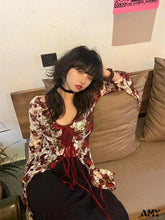 Vintage Floral Print Gothic Style Red Flare Sleeve Mesh Transparent Slim Chic Cardigan Red / One