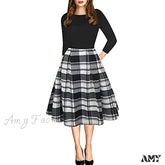 Vintage Patchwork Pockets Puffy Swing Casual Party Dress Black Plaid P7 / X-Large