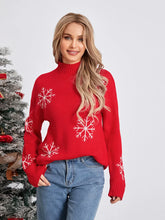 Jacquard Snowflake Long Sleeve Turtleneck Loose Knit Christmas Sweater Sweaters-L