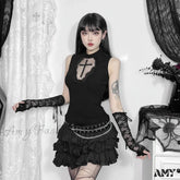 Y2K Goth Black Sexy Lace 90S Vintage Red Cross Corset Sleeveless Streetwear Crop Top