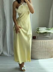 Feather Strapless Satin Yellow Midi Dress