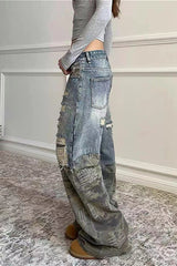 Washed Camo Patchwork Distressed Slim-Fit Jeans