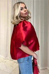 French Style Short Satin Balloon Sleeve Blouse