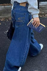 Vintage Relaxed Curved Wide Leg Dark Blue Jeans