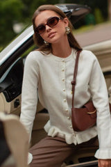 Crew Neck Layered Trim Long Sleeve Casual Knit Cardigan