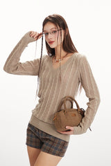 Cable Knit V-Neck Slouchy Slim Base Layer