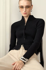 Two - Way Zipper Stand Collar Slim Long Sleeve Thermal Knit Cardigan