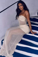 Sheer Mesh Paneled Off-Shoulder Tube Party Dress