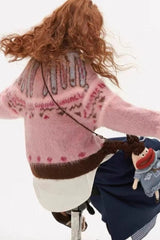 Pink Fair Isle Retro Slouchy Soft Knit Cardigan