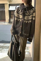 Retro Fair Isle Hooded Horn Button Loose Knit Cardigan