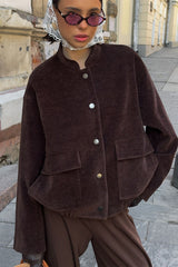 Coffee Corduroy Stand-Collar Loose Jacket