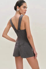 Striped V Neck Belted Cinched Work Dress