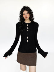 Cutout Ribbed Bell Sleeve Top