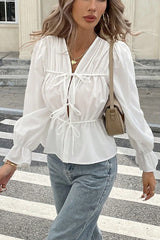 Waist-Tie Long-Sleeve Cardigan Blouse