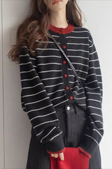 Color Block Stripe Crew Neck Embroidered Cardigan
