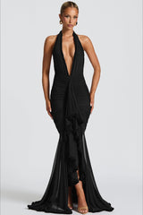 Mesh Paneled V-Neck Halter Backless Sexy Party Dress