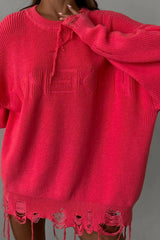 Edgy Ripped Grunge Crew Neck Casual Knit Sweater