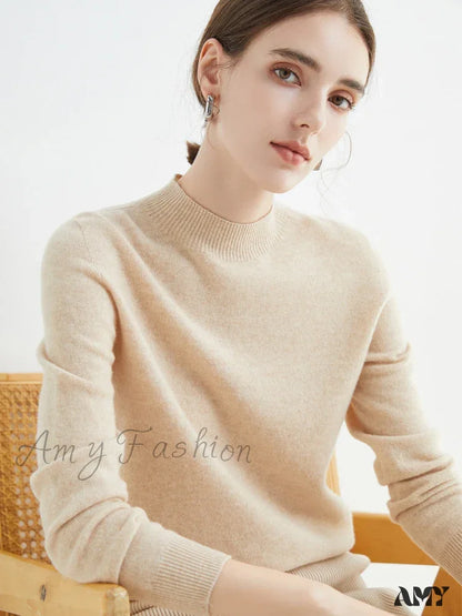 100% Merino Wool Cashmere Women Knitted Long Sleeve Pullovers Autumn Winter Warm Sweater Beige / S