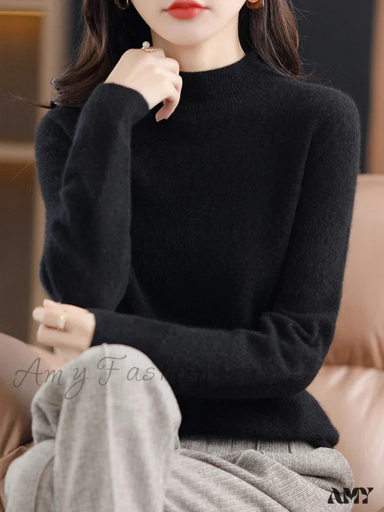 100% Merino Wool Cashmere Women Knitted Long Sleeve Pullovers Autumn Winter Warm Sweater Black / S