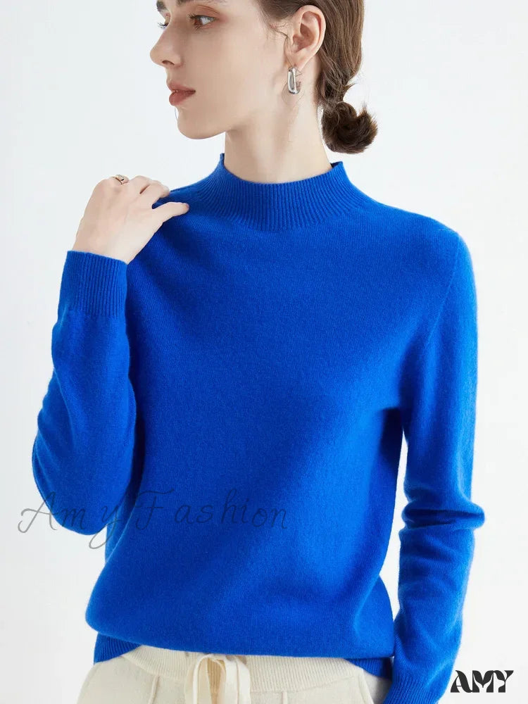 100% Merino Wool Cashmere Women Knitted Long Sleeve Pullovers Autumn Winter Warm Sweater Blue / S