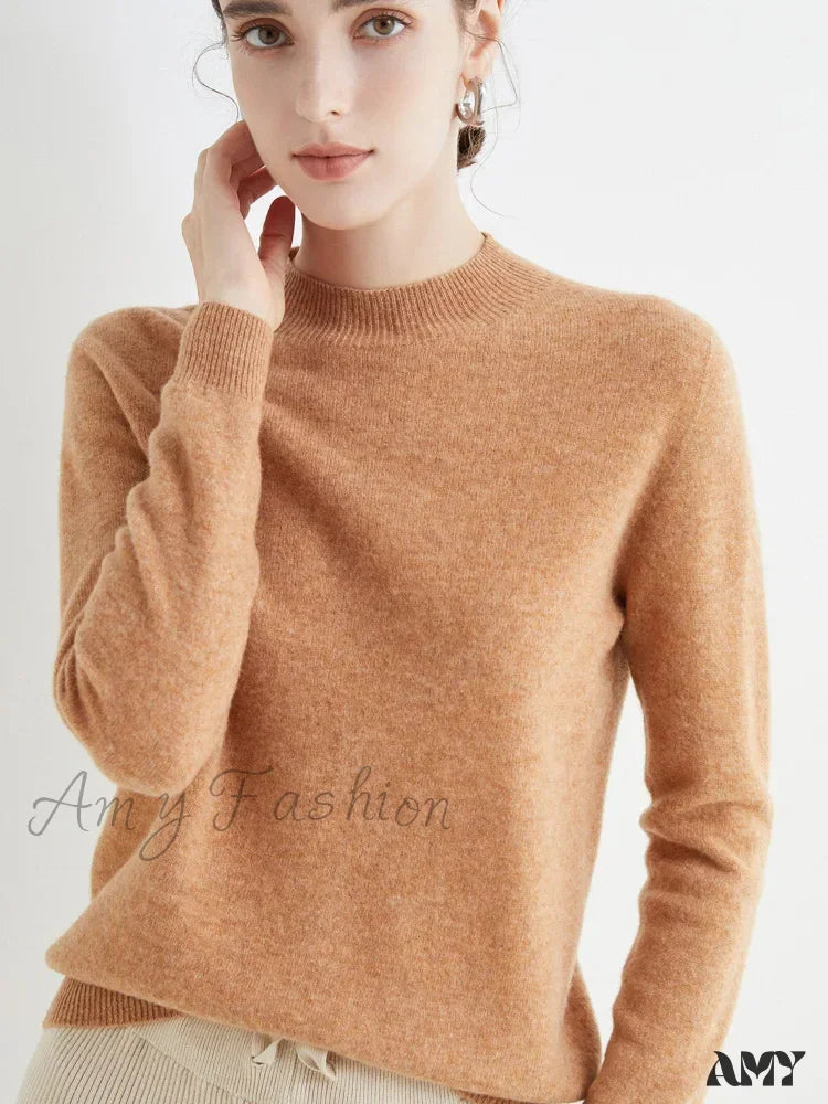 100% Merino Wool Cashmere Women Knitted Long Sleeve Pullovers Autumn Winter Warm Sweater Camel / S