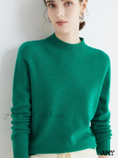 100% Merino Wool Cashmere Women Knitted Long Sleeve Pullovers Autumn Winter Warm Sweater Green / S