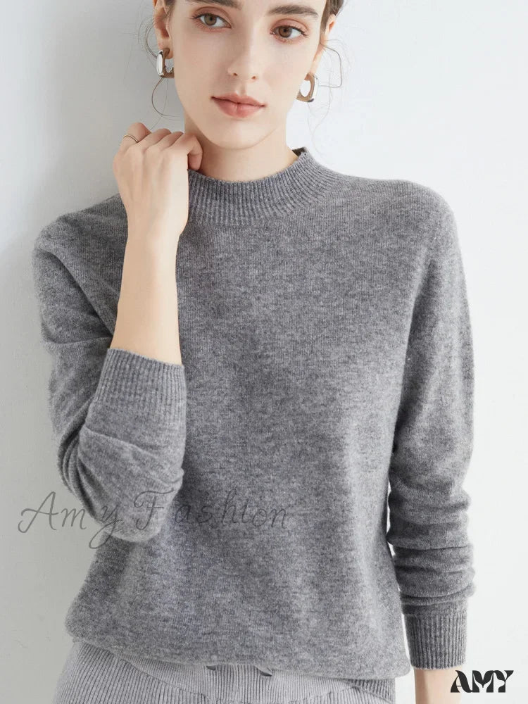 100% Merino Wool Cashmere Women Knitted Long Sleeve Pullovers Autumn Winter Warm Sweater Grey / S