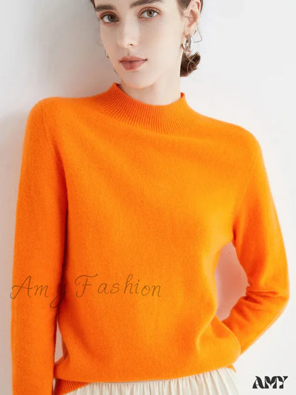 100% Merino Wool Cashmere Women Knitted Long Sleeve Pullovers Autumn Winter Warm Sweater Orange / S