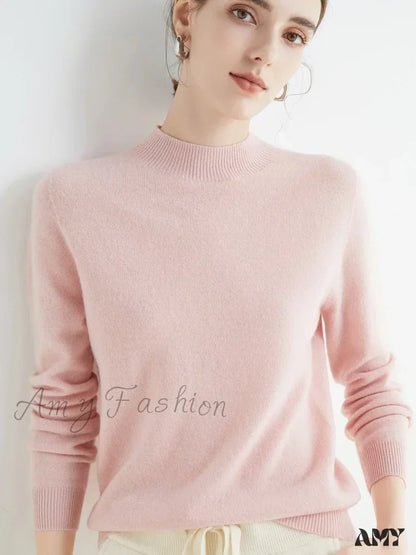 100% Merino Wool Cashmere Women Knitted Long Sleeve Pullovers Autumn Winter Warm Sweater Pink / S