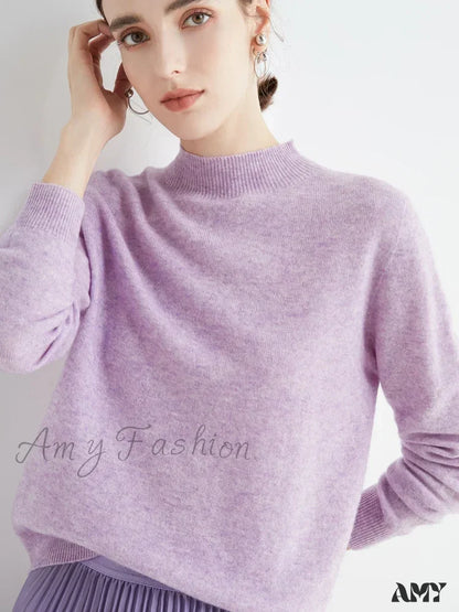 100% Merino Wool Cashmere Women Knitted Long Sleeve Pullovers Autumn Winter Warm Sweater Purple / S