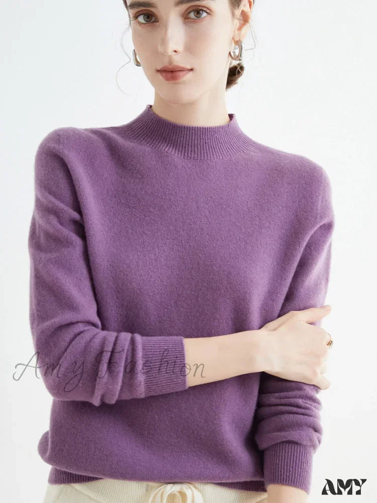 100% Merino Wool Cashmere Women Knitted Long Sleeve Pullovers Autumn Winter Warm Sweater Purple / S