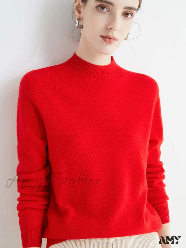 100% Merino Wool Cashmere Women Knitted Long Sleeve Pullovers Autumn Winter Warm Sweater Red / S