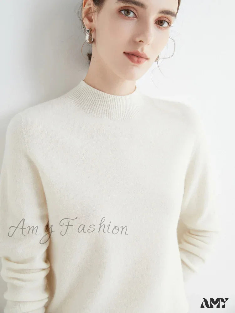 100% Merino Wool Cashmere Women Knitted Long Sleeve Pullovers Autumn Winter Warm Sweater White / S