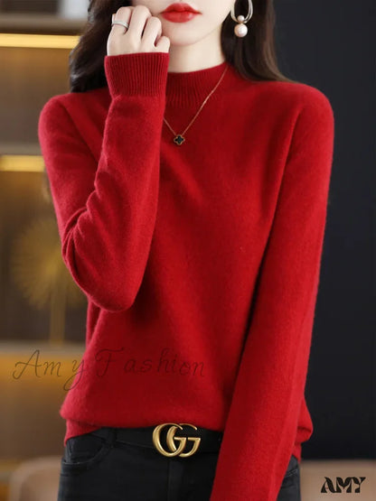 100% Merino Wool Cashmere Women Knitted Long Sleeve Pullovers Autumn Winter Warm Sweater Wine Red /